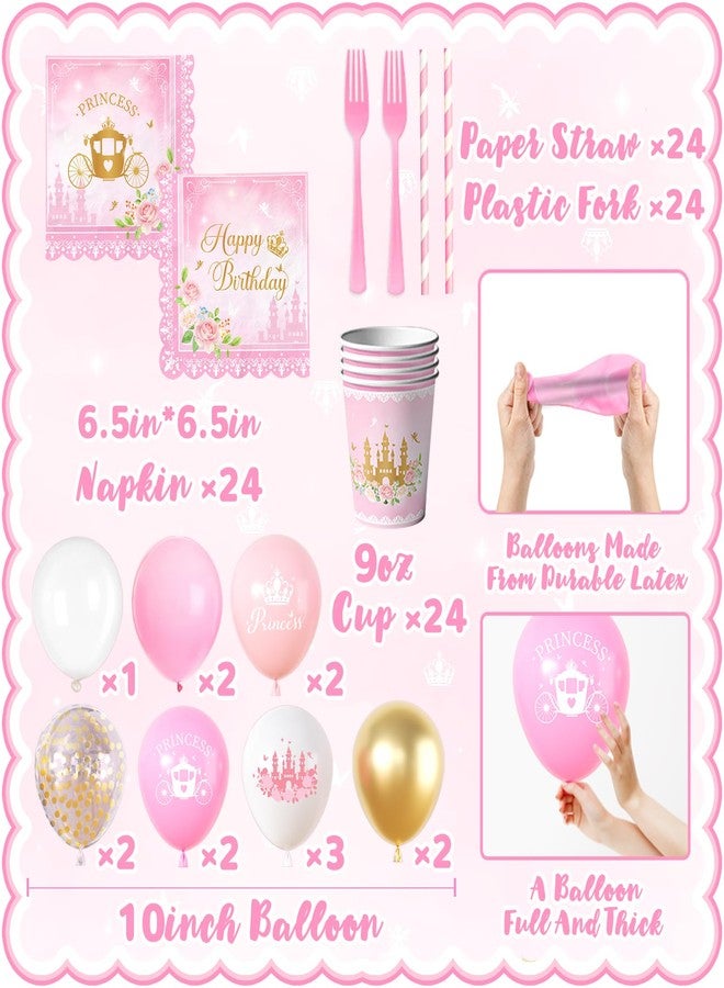 Peghoqu 196Pcs Princess Birthday Party Decorations Serves 24,Pink Princess Birthday Themed Tableware Includes Scalloped Plates,Napkins,Tablecloth,Banner,Balloon,Cake Topper for Girls Princess Party Supplies - Image 5
